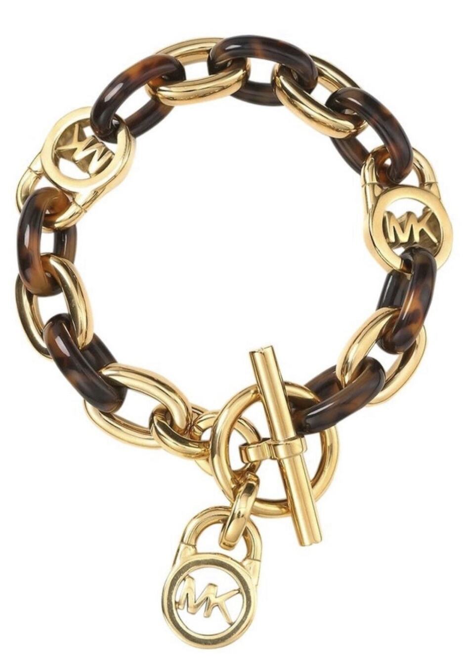 Michael Kors Tortoise Shell And Yellow Gold Tone MK Oval Link Charm Bracelet 8”